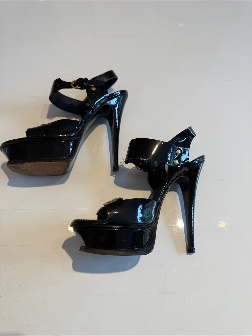 YASL Saint Laurent Black Patent Leather Stud Platform Sandals Gold Accents sz 36